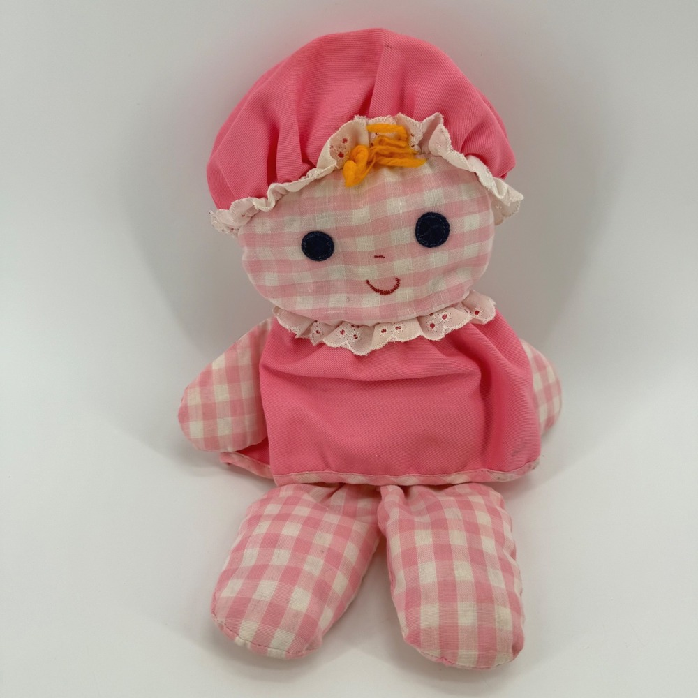 Vintage 1975 Fisher Price Lolly Dolly 420 Pink Gingham Cloth Rattle Toy 12 inch